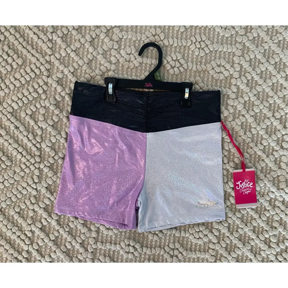 Justice Sparkly Purple Silver Dance Activewear Bike Shorts Size XL NWT